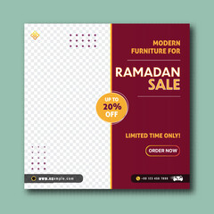 Ramadan Furniture Sale Template Poster Design with Twenty Percent Discount Offer on Merlot Color Background and Image Placeholder.