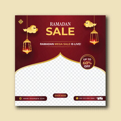 Ramadan Mega Sale Poster Design with Sixty Percent Discount Offer, Glowing Golden Lanterns on Red Background and Image Placeholder.