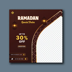 Ramadan Special Dates Sale Poster Design with Thirty Percent Discount Offer, Glowing Lanterns on Brown Background and Image Placeholder.