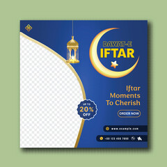 Dawat-E-Iftar Ramadan Sale Template with Twenty Percent Discount Offer, Crescent Moon, Stars, Lantern Decoration on Blue Background and Image Placeholder.