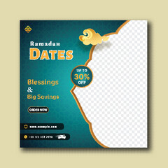 Ramadan Dates Sale Poster Design with Thirty Percent Discount Offer on Teal Green Islamic Pattern Background and Image Placeholder.