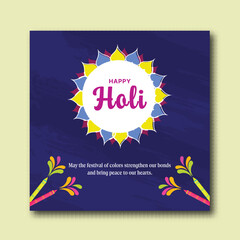 Happy Holi Festival Greeting Card Design with Splashing Color Water Gun (Pichkari) on Purple Background.