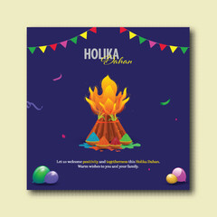 Holika Dahan Festival Greeting Card Design with Traditional Bonfire and Colors (Watercolor Balloon) and Festive Decoration Bunting Flag on Purple Background.