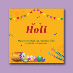 Happy Holi Festival Greeting Card Design with Colors, Music (Indian Dhol), Sweets and Festive Decoration Bunting Flag on Yellow Background.