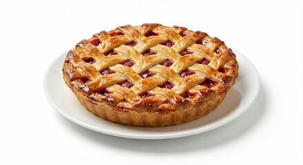 Golden Lattice Apple Pie On White Plate, Fresh Homemade Dessert For Everyday Sharing, Family Dinner Delight.