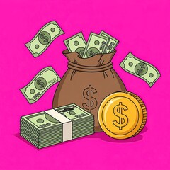 Money Bag with Cash and Coin on Bright Pink Background
