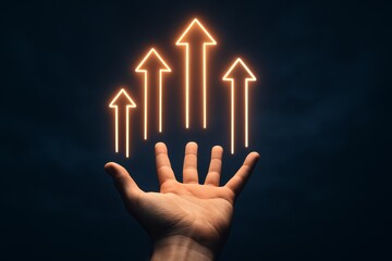 Hand reaching toward glowing upward arrows symbolizing progress, success, and growth on dark background, conceptual business motivation image. Ai generative