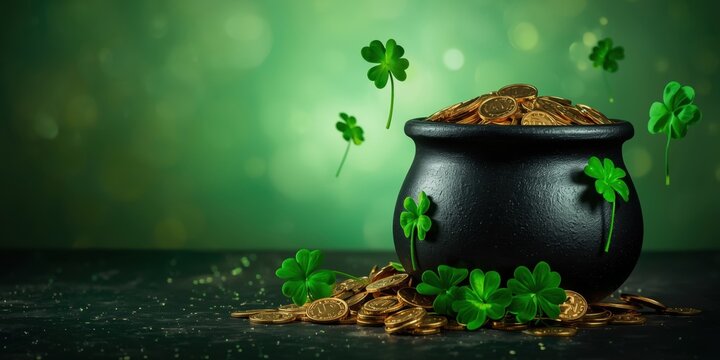 Pot of Gold Coins with Four Leaf Clovers on St. Patrick's Day, Festive Green Background