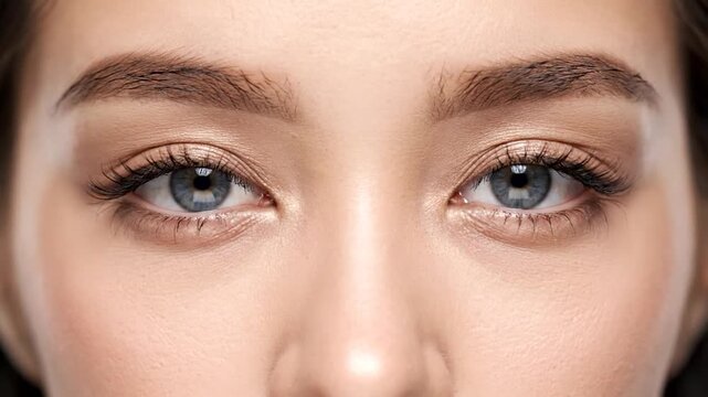 Close up of piercing blue eyes with full lashes and defined brows, skin with subtle shimmer