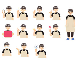 Illustration of a person wearing an apron showcasing various gestures and holding different objects from multiple viewpoints