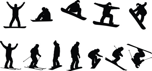 Snowboard and Ski Silhouette Collection Winter Extreme Sport Action Poses Outdoor Adventure Black Vector Illustration Set © Asik