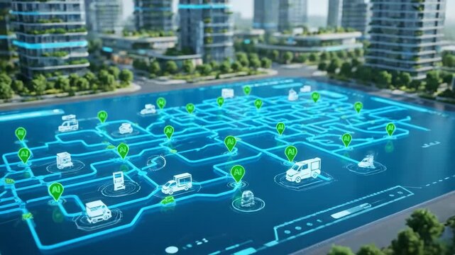 AI-Powered City Logistics Network - Digital interface showing a city map with AI-powered logistics. The map displays real-time data of trucks, charging stations, and delivery routes, all managed by