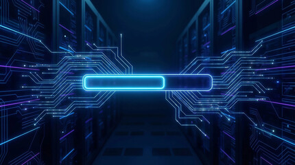 Futuristic digital circuit board background with glowing blue neon lines representing data, network, and technology