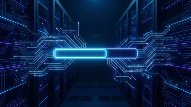 Futuristic digital circuit board background with glowing blue neon lines representing data, network, and technology - Powered by Adobe