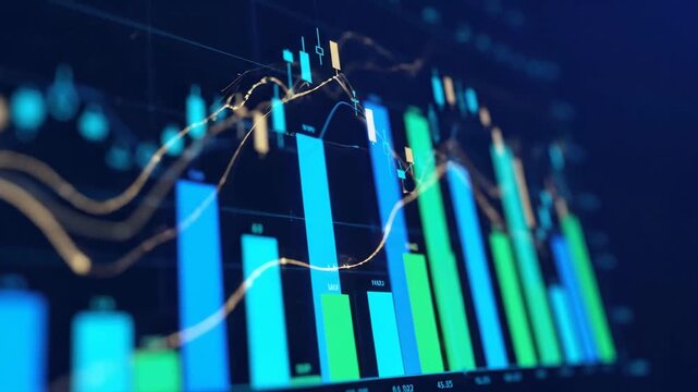 Financial Chart Visualization - A close-up of a financial chart is displayed, featuring blue and green bar graphs, and golden line graphs against a dark blue background.