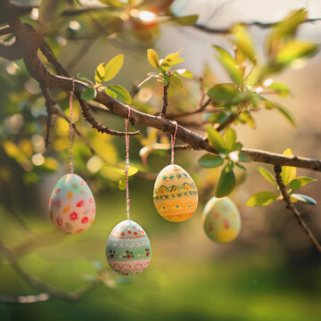 Painted Easter eggs hanging on tree branches in spring