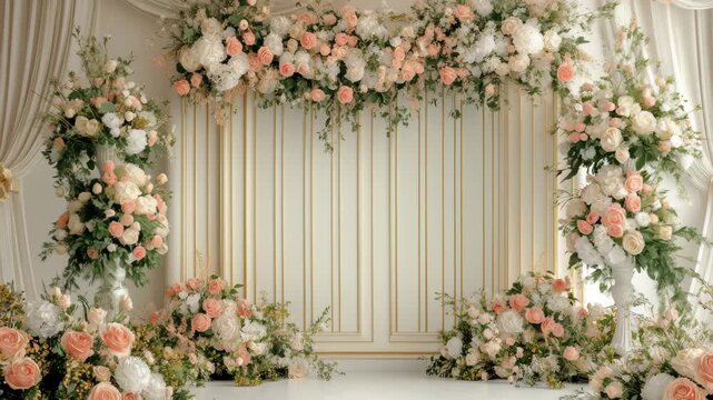 Stunning panoramic wedding backdrop adorned with elegant gold and floral arrangements for a memorable celebration