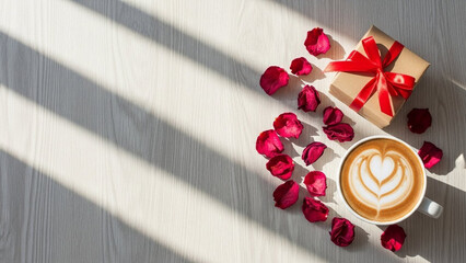 Overhead view of a heartfelt coffee moment featuring a gift box and scattered red rose petals