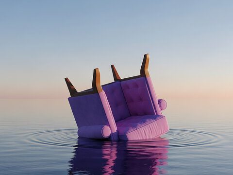 Purple Tufted Armchair Sinking In Water At Sunset