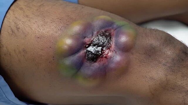 Macro View of a Severe Bruise on Human Thigh Displaying Green Yellow Purple and Black Discoloration with Central Wound