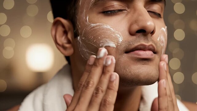 Man Applying Foaming Cleanser on Face With Eyes Closed in Soft Lighting Background Skin Care Routine Self Care Cosmetic