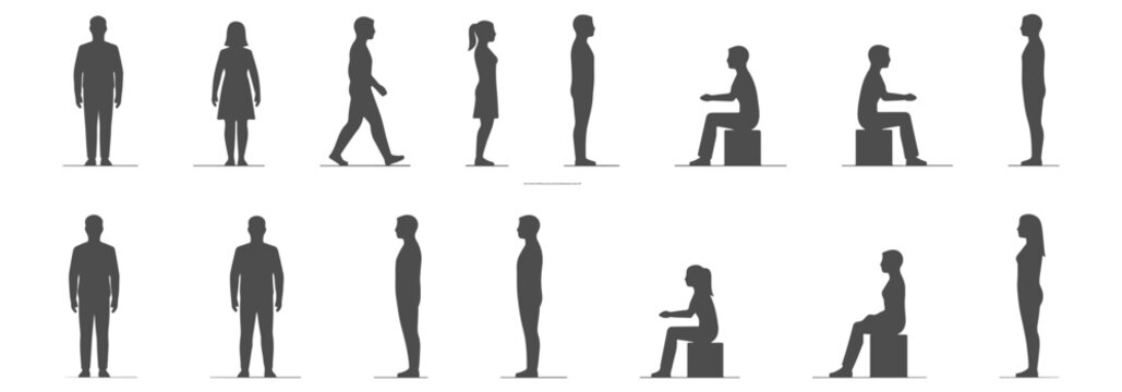 Professional Architectural Human Scale Reference Silhouette CAD Blocks - Solid Black Proportional Symbols for Top and Side Views