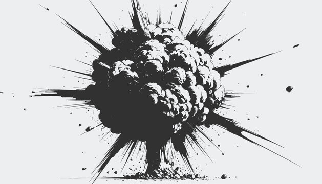 Stylized monochrome illustration of a nuclear explosion mushroom cloud and expanding energy lines