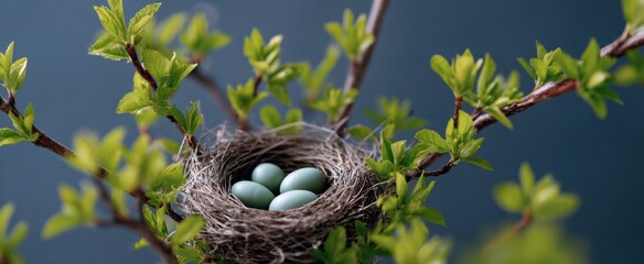 Obraz premium feathery friends crafting homes in blooming boughs representing renewal and fresh beginnings