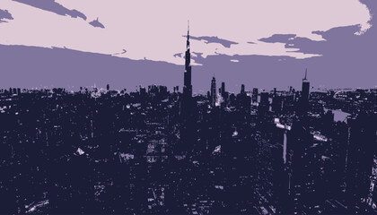 Obraz premium A stylized cityscape in shades of purple and black, with a towering skyscraper under a cloudy sky