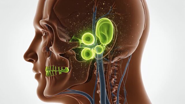 Medical Animation Demonstrating Salivary Glands and Vessels in Human Anatomy on White Background Educational