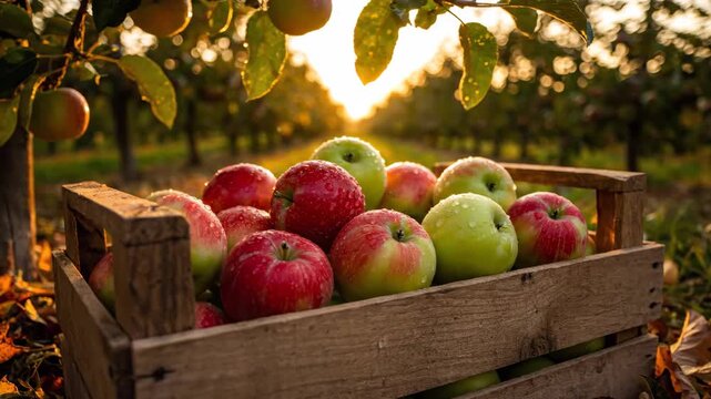 Fresh Apples in Crate at Orchard - A wooden crate filled with freshly picked red and green apples sits in an orchard. Dew drops glisten on the apples as the setting sun shines through the apple trees.