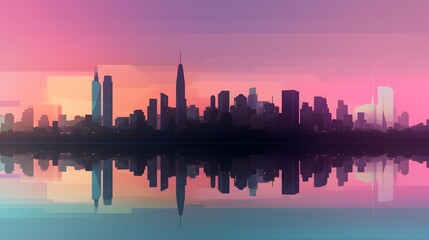 Modern Skyline Silhouette at Dusk with Pastel Gradient Sky | Urban Evening Panorama chicago skyline at sunset
