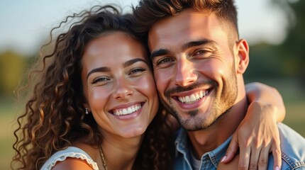 Close-up of an attractive young couple smiling happily together, showing love, friendship, and positive relationship emotions in a natural lifestyle portrait.