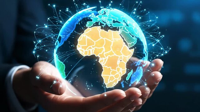 Global Connection in Hands - A holographic globe is cradled in a person's hands, depicting interconnectedness through glowing lines that form a network around the continents.