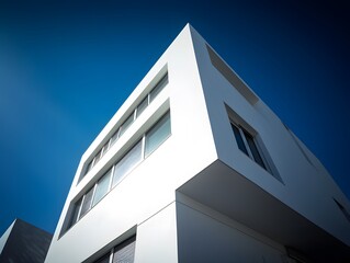 Architectural Detail of White Facade with Bold Shadow Contrast | Urban Exterior Image modern office building with blue sky