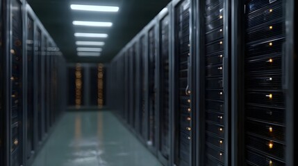 Symmetrical rows of dark server cabinets with blinking orange LEDs stretch down a dimly lit modern data center hallway