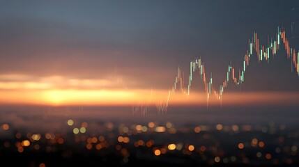 Abstract financial chart overlaid on a blurred urban cityscape at sunrise