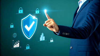 Businessman interacting with digital security shield and icons