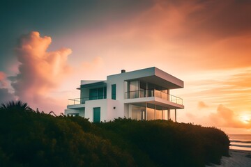 Contemporary White Oceanfront House at Sunset Golden Light | Architectural Exterior sunset over the house