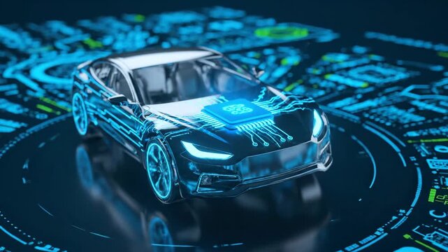 Futuristic Autonomous Car Concept - A sleek, modern car is depicted with glowing blue circuitry integrated into its design, showcasing the concept of autonomous driving technology.