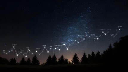 Data chart with rising trend against a starry night sky and forest silhouette