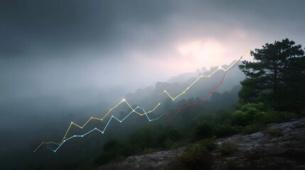 Three colorful line graphs trending upwards over a misty mountainous landscape