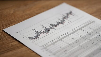 Close up of a financial analysis chart and data table on a textured wooden surface