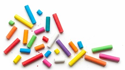 Assorted colorful chalks scattered on a clean white background, close-up view with copy space.