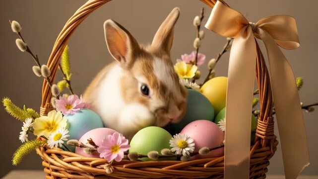 Adorable bunny peaking from an easter basket with eggs, snowdrops, and ribbon. Celebration of spring and new life.