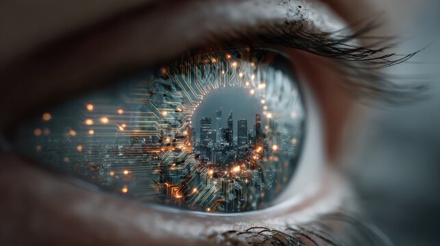 Close-up of an eye reflecting a cityscape with circuits & glowing lights - Powered by Adobe
