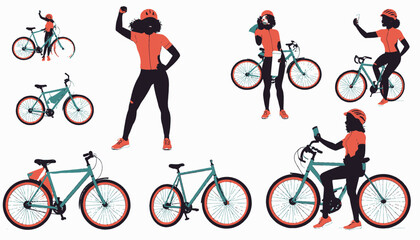 Naklejka premium A collection of cyclist illustrations. Bicyclists in active poses and their bikes shown from various angles