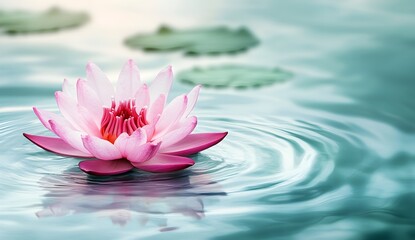 Pink lotus flower floating on rippling water ripple