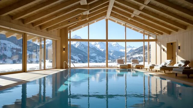 Indoor Pool with Mountain View - This video shows a luxurious indoor swimming pool with a clear view of snow-covered mountains through large windows.