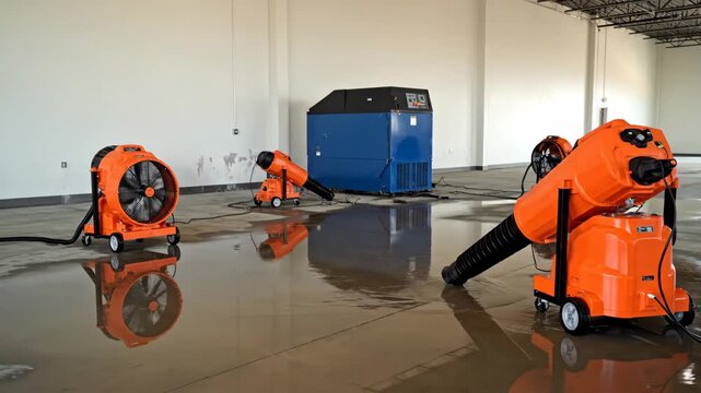 Water Damage Restoration Equipment in Flooded Room - Water extraction and drying equipment is set up in a large, flooded commercial space.